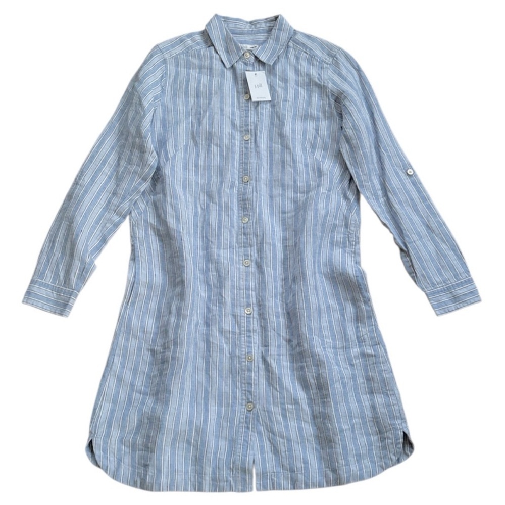 NWT J. Jill Love Linen 100% Linen Striped Roll Tab Sleeve Shirt Dress Petite XS